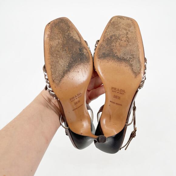 Vintage Prada Brown White Woven Leather Square Toe Slingback Heels IT 36.5 - Picture 12 of 12